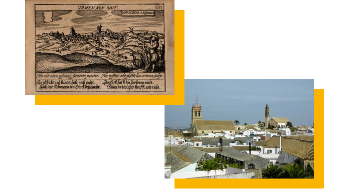 Composición de dos fotografías, la primera es un grabado medieval que muestra la localidad en su época, la segunda es una fotografía actual del municipio