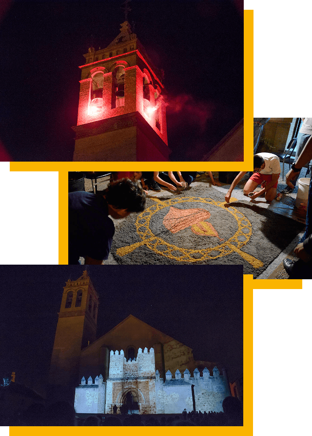 Se muestran tres fotografías con el campanario iluminado, la muralla iluminada y varios niños elaborando una alfombra de serrín tintado