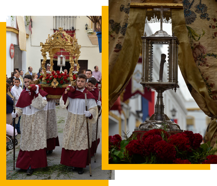 Dos fotografías, una del Guión Sacramental y otra en primer plano de la Reliquia de San Sebastián Mártir