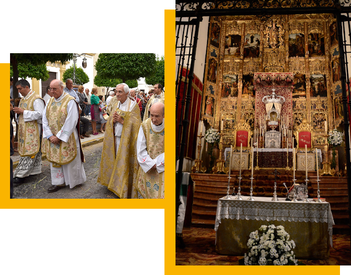 Dos fotografias, en una vemos el plinto de la iglesia, dedicado a la Eucaristía y en la otra a los difusores de la fé