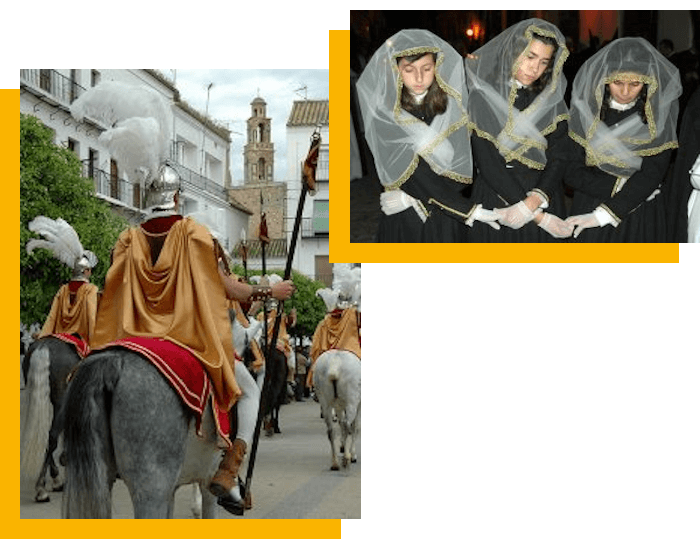 Dos fotografías que muestran a tres niñas de luto y con velo durante una procesión y a varios vecinos impersonando a legionarios romanos a caballo