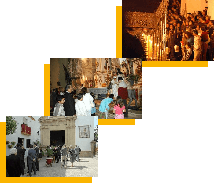 Tres fotografías, la primera muestra mucha gente viendo un paso nocturno, la segunda a los niños en la iglesia, y la tercera a gente de todeas las edades entrando en la iglesia